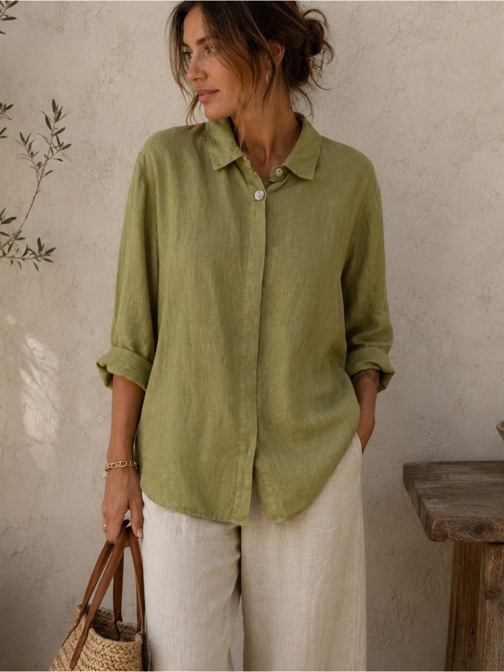 Hot Cotton Small Olive Green Linen Button Front top granola Lightweight Boho Top